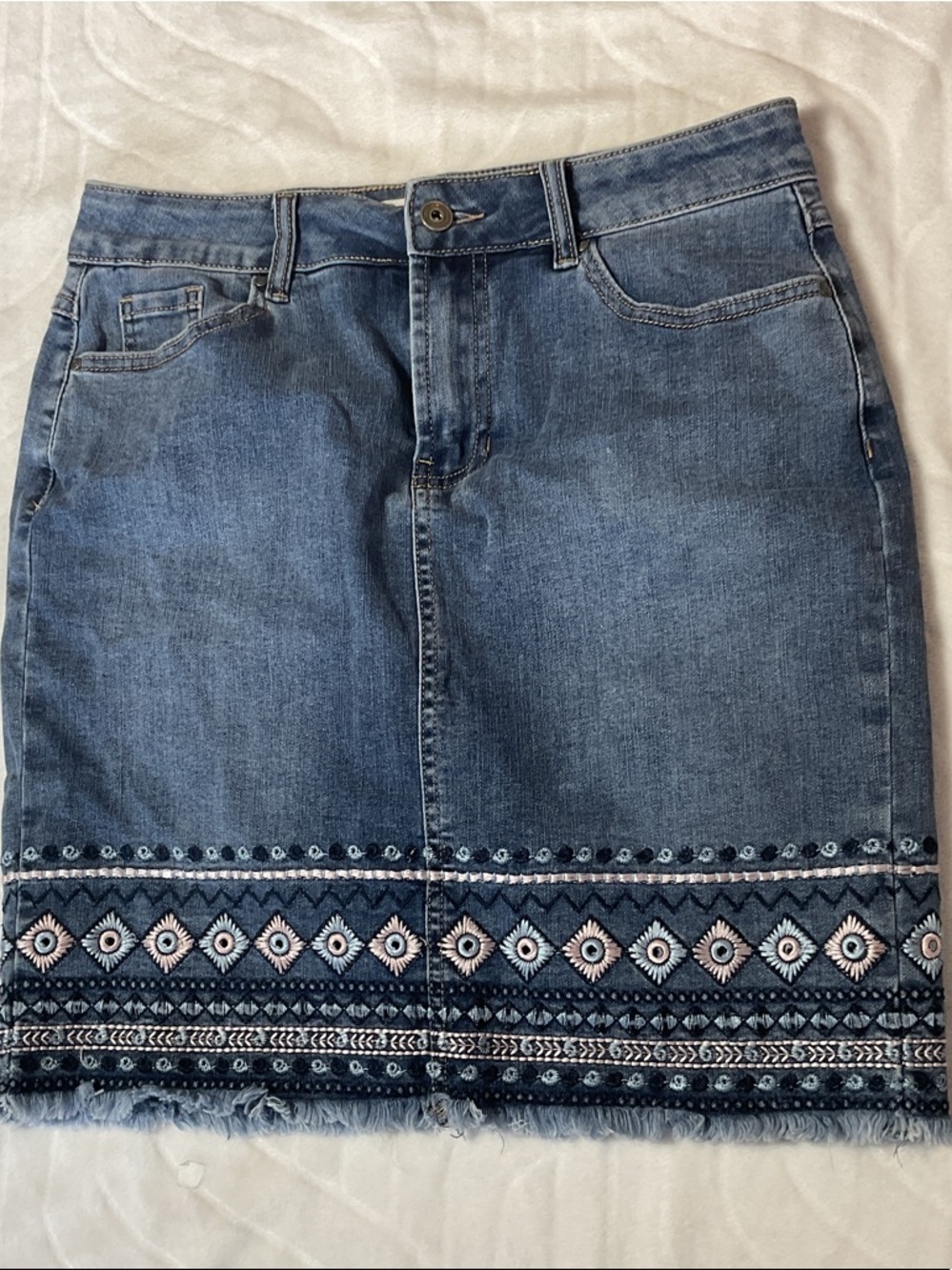 CHARLIE B Denim Midi Skirt with Blue and Pink Embroidery